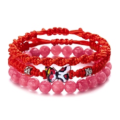 Красный 3шт 3 стиль окрашенные драгоценные камни круглые эластичные наборные браслеты, сплав бабочка плетеные бусины регулируемые браслеты, красные, 7-1/8~10-1/4 дюйм (18~26 см)