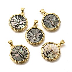 Золотой Латунь с резными подвесками из натуральной ракушки, стойки покрытие, плоские круглые с бабочкой, золотые, 22x19.5x3 мм, отверстие : 3x4 мм