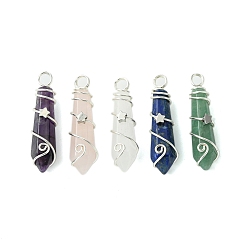 Серебро Подвески из натурального смешанного камня, Подвески-звезды в ограненной пуле из медной проволоки, серебряные, 36.5~38.5x9~10x10~11 мм, отверстие : 4 мм