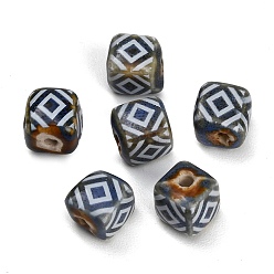 Blue Vintage Handmade Porcelain Beads, Cube with Geometry, Fancy Antique Glazed Porcelain, Blue, 11.5x10.5~11.5x10.5~11.5mm, Hole: 2.5mm