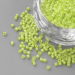 Green Yellow Baking Paint Glass Bugle Beads, Matte Style, Green Yellow, 1~2x1.5~2mm, Hole: 0.5mm, about 100g/bag, about 5000pcs/bag