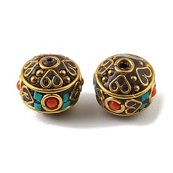 Round Handmade Polymer Clay Indonesia Beads, with Resin & Synthetic Turquoise & Unplated Brass, Colorful, Round, 15.5x14mm, Hole: 2.5mm