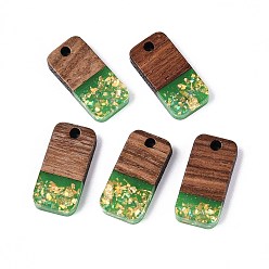 Зеленый лайм Подвески из непрозрачной смолы и орехового дерева, прямоугольник амулеты, с блестящей пудрой и золотой фольгой, зеленый лайм, 20.5~21x10x3 мм, отверстие : 2 мм