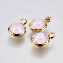 Pink K 9 стеклянные подвески, с 304 фурнитурой из нержавеющей стали, ионное покрытие (ip), граненые, плоско-круглые, золотые, розовые, 13.5x10x6 мм, отверстие : 2.5 мм
