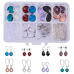 Mixed Color Earring Making, with Silver Tone Brass Glass Drop Pendant, Silver Tone Brass Glass Flat Round Pendants, Brass Leverback Hoop Earring, Mixed Color, 33x14x0.9~1mm