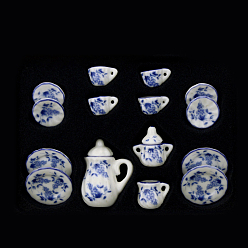 Grape Mini Blue and White Porcelain Tea Set, including 2Pcs Teapots, 5Pcs Teacups, 8Pcs Dishes, for Dollhouse Accessories, Pretending Prop Decorations, Grape Pattern, 121x86x25mm, 15pcs/set