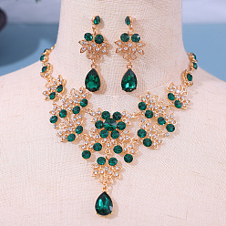 Изумруд Ожерелья с подвесками из сплава и стразами и серьги-гвоздики для женщин, цветок и слеза, золотые, изумруд, 580 мм