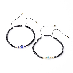 Mixed Color Adjustable Nylon Thread Braided Bead Bracelets Set, with Faceted Rondelle Glass Beads, Handmade Evil Eye Lampwork Round Bead, Mixed Color, Inner Diameter: 2-1/2 inch(6.4~11.7cm), 2pcs/set