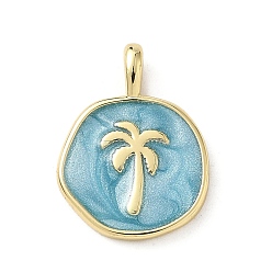 Небесно-голубой Латунь эмаль подвески, плоские круглые с кокосовой пальмы, стойки покрытие, долговечный, без свинца и без кадмия, реальный 18 k позолоченный, голубой, 18.5x13.5x2 мм, отверстие : 3.6x2.2 мм