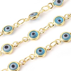 Sky Blue Handmade Evil Eye Lampwork Link Chains, Soldered, with Brass Findings, with Spool, Long-Lasting Plated, Flat Round, Golden, Sky Blue, 10x4.5x2mm, Hole: 1.5mm, about 32.8 Feet(10m)/roll