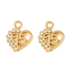 Настоящее золото 18K 304 из нержавеющей стали горный хрусталь подвески, сердце с цифрой 15 подвески, ионное покрытие (ip), долговечный, реальный 18 k позолоченный, 20x16.5x2 мм, отверстие : 1.6 мм