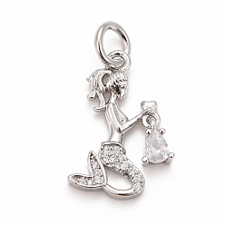 Claro Latón chapado latón micro pavimentar cúbicos zirconia colgantes, larga duración plateado, sin plomo y cadmio, con anillo de salto, sirena con lámpara, Platino, Claro, 19x11x2 mm, anillo de salto: 6x1 mm, 4 mm de diámetro interior