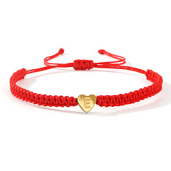 Letter E 304 Браслеты из плетеных бусин из нержавеющей стали, регулируемые женские браслеты из нейлоновой нити, сердце с начальным, золотые, Письмо E, 11.02 дюйм (28 см)