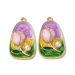 Фиолетовый Сплав эмали цветочные кулоны, подвески-слезинки с искусственным жемчугом и блестящей пудрой, стойки покрытие, золотой свет, фиолетовые, 31.5x18x6.5 мм, отверстие : 1.8 мм