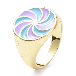 Sky Blue Pinwheel Pattern Alloy Enamel Finger Rings, Light Gold, Sky Blue, 3.5~16.5mm, US Size 7 1/4(17.5mm)