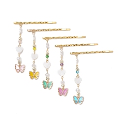 Doré  Épingle à cheveux en forme de cœur, perle et alliage d'émail, breloque papillon, épingle à cheveux, avec clip en fer, accessoires de cheveux pour fille, or, 55x24x2mm, 5 pièces / kit