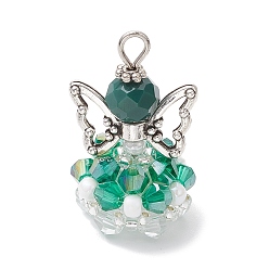 Темный Голубой Стеклянные подвески, угол, с бусинами-крылышками из сплава и железной петлей, граненые, темные голубые, 29x18x16 мм, отверстие : 3 мм