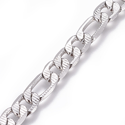 Stainless Steel Color Tarnish Resistant 304 Stainless Steel Figaro Chains, Unwelded, Textured, Stainless Steel Color, 7.3mm, Links: 14x7.3x1.8mm and 10.5x7.3x1.8mm