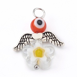 Orange Handmade Millefiori Glass Pendants, with Evil Eye Lampwork Round Bead and Alloy Beads, Angel, Antique Silver, Orange, 26.5x20x7mm, Hole: 3mm