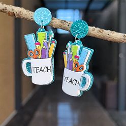 Темно-Голубой Серьги-гвоздики с акриловыми блестками и пудрой, кепка с карандашом, ножницами и линейкой, глубокое синее небо, 51x20 мм