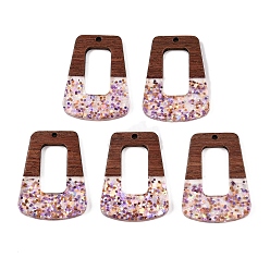 Серо-розавый Подвески из эпоксидной смолы и орехового дерева, с пайеткой / блестками, трапециевидные, увядшая роза, 37x27.5x3.5 мм, отверстие : 2 мм