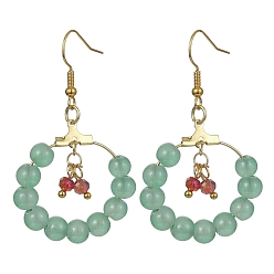 Medium Aquamarine Imitation Jade Glass Beaded Ring Dangle Earrings, Golden Iron Wire Wrap Long Drop Earrings, Medium Aquamarine, 53.5x30mm