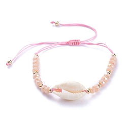 Персиковый Слойка Регулируемые нейлоновые нити плетеные браслеты из бисера, с натуральными бусинками из каури, граненые стеклянные бусы и латунные бусы, розовые, Внутренний диаметр: 3.2~7.8 cm