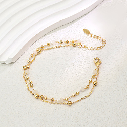 Белый Модные двухслойные регулируемые женские браслеты на щиколотку из латуни и граненого стекла в винтажном стиле, реальный 18 k позолоченный, белые, 8-1/4 дюйм (210 мм)