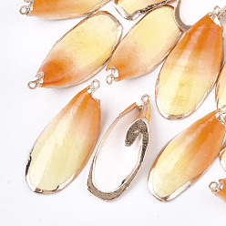 Orange Electroplate Spray Painted Sea Shell Pendants, with Brass Findings, Oval, Golden, Orange, 40~50x15~22x10~15mm, Hole: 2mm