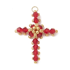 Красный Стеклянные подвески из бисера, крест очарование, с 304 нержавеющей сталью и стеклом, реальный 18 k позолоченный, граненые, красные, 31x25x7 мм, отверстие : 3 мм