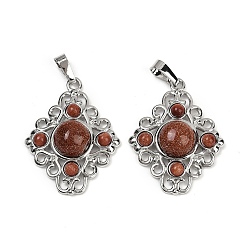 Камень с Пылевым Золотом Синтетические голдстоуновские подвески, ромбовидные подвески с латунной фурнитурой, стойки покрытие, платина, 35.5x27x7.5 мм, отверстие : 8.5x4.5 мм