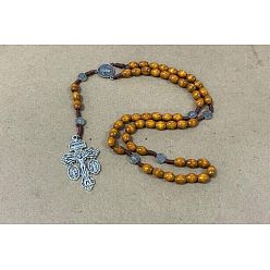 Cross Ожерелья из деревянных четок, ожерелья из религиозного сплава с подвесками, античное серебро, верблюжие, кресте Иисус, 27.56 дюйм (70 см)