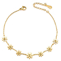 Golden Fabulous Stainless Steel Anklets, with Flowers and Lobster Claw Clasps(Chain Extenders Random Style), Golden, 7-7/8 inch(20cm)