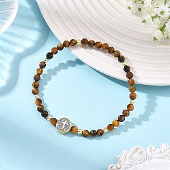 Tiger Eye Religion Natural Tiger Eye Beaded Stretch Bracelets with Brass Flat Round with Cross Beads, Inner Diameter: 2.30 inch(5.85cm)