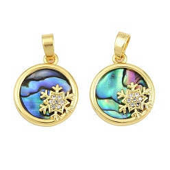 Настоящее золото 18K Природные пауа оболочки подвески, плоский круг с подвесками в виде снежинок, с латунными микропаве из прозрачных кубических цирконий и эмалью, реальный 18 k позолоченный, 17x14.5x2.5 мм, отверстие : 3x5.5 мм