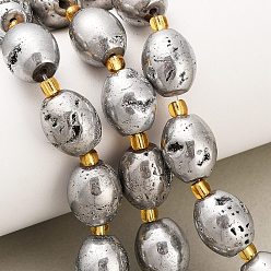 Серебро Гальванические природные друзы геод, барабан, с бисером, серебряные, 14~15x12~12.5 мм, отверстие : 1.6 мм, около 11 шт / нитка, 7.60'' (19.3 см)