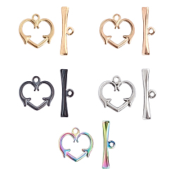Mixed Color PVD Vacuum Plating 304 Stainless Steel Toggle Clasps, Heart, Mixed Color, Heart: 15x15.5x2mm, Hole: 1.6mm, Bar: 21x6x2.5mm, Hole: 1.5mm, 5 colors, 1set/color, 5sets/box
