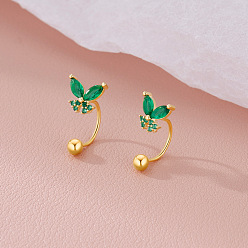 Зеленый Латунные серьги-гвоздики с кубическим цирконием, бабочка, золотые, зелёные, 16.3x8.6 мм