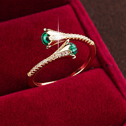 Golden Brass Micro Pave Cubic Zirconia Cuff Open Rings, Flower, with Synthetic Resin, Golden, 15~20mm