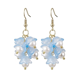 Mixed Color Flower Transparent Spray Painted Glass Cluster Earrings, with 304 Stainless Steel Earring Hooks and Shell Pearl Beads, Mixed Color, 50.5~51x21mm