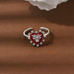 Платина Латунные микропаве кубические цирконии манжеты открытые кольца для женщин, сердце с пчелами, с эмалью, стойки покрытие, без кадмия и без свинца, долговечный, платина, 13.5x14 мм, внутренний диаметр: 18 мм