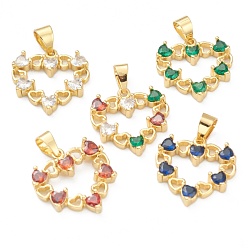 (52) Непрозрачная лаванда Латунные микропаве прозрачные подвески с фианитом, долговечный, реальный 18 k позолоченный, сердце, разноцветные, 17x16.5x3 мм, отверстие : 3.5x4.5 мм