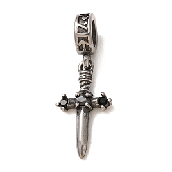 Chorro 316 Colgantes europeos de acero inoxidable quirúrgico y diamantes de imitación, daga, plata antigua, jet, 28 mm, agujero: 5 mm