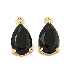 Черный Латунные подвески, со стеклом, слеза, чёрные, 16x8x5.5 мм, отверстие : 1.5 мм