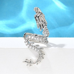 Платина Серьги-каффы из латуни с прозрачным кубическим цирконием, дракон, платина, 30x13.5x16.5 мм