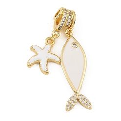 White Brass Micro Pave Clear Cubic Zirconia Pendents, with Enamel, Fish and Starfish Charms, Rack Plating, Long-Lasting Plated, Cadmium Free & Lead Free, Real 18K Gold Plated, White, 42mm, Hole: 3mm