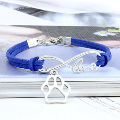 Синий Браслеты с подвесками в виде бесконечности, отпечатка лапы и слова «любовь» из сплава с замшевым шнуром, платина, синие, 6-3/4 дюйм (17 см)