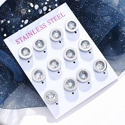 Нержавеющая Сталь Цвет 304 плоские круглые серьги-гвоздики из нержавеющей стали, с микро проложить кубического циркония, вакуумное покрытие pvd, цвет нержавеющей стали, 11 мм, 6 пар / набор