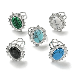 Нержавеющая Сталь Цвет 304 открытые манжеты из нержавеющей стали, Овальные кольца на палец из синтетического малахита и бирюзы для женщин и мужчин, цвет нержавеющей стали, регулируемый