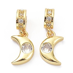 Golden Brass Cubic Zirconia Pendants, Moon, Golden, 21mm, Hole: 3mm
